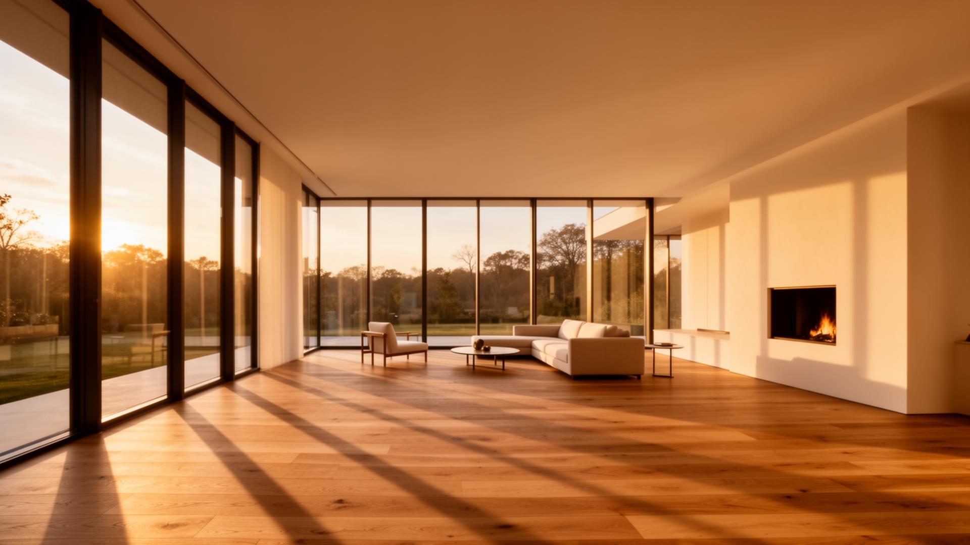 Sunlit modern American home at golden hour